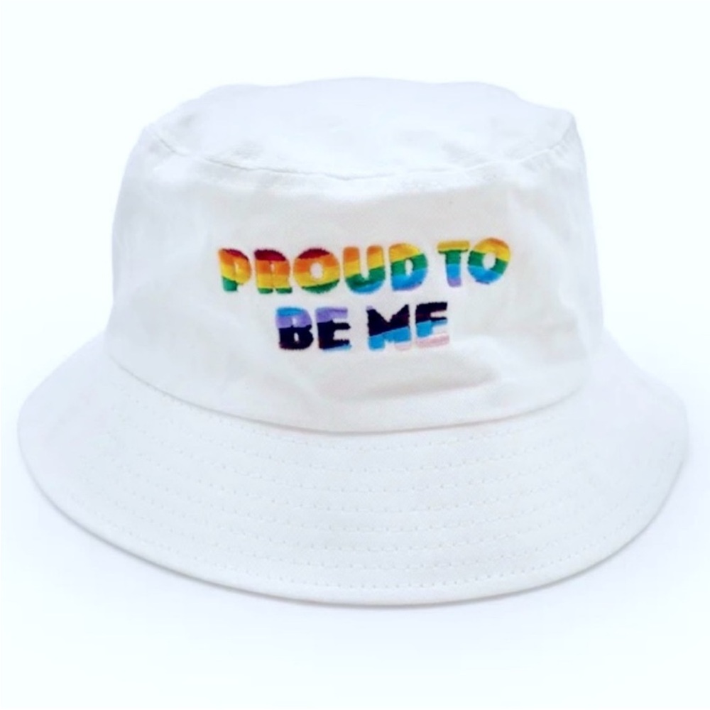 NWT RAINBOW EMBROIDERY White Bucket Hat with Rainbow Text